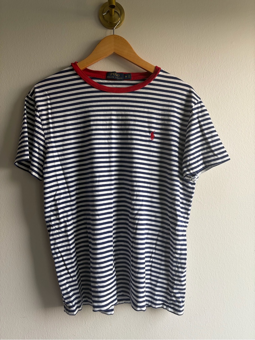Polo by Ralph Lauren Navy & White Striped Tee with Red Trim